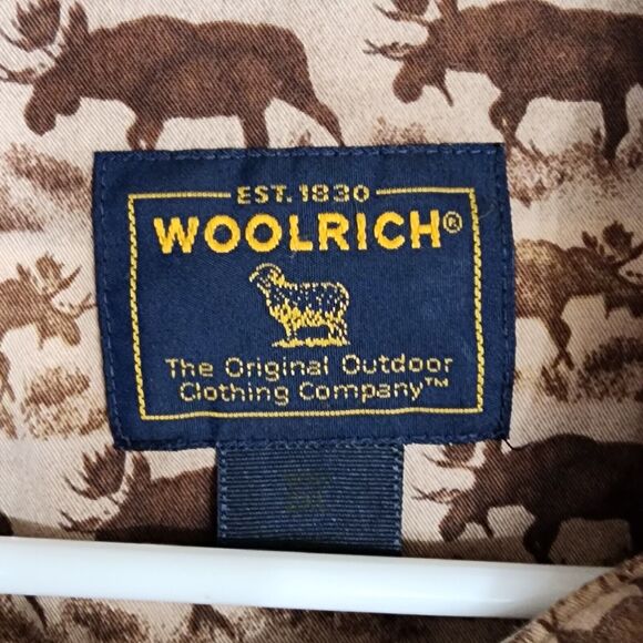 Woolrich Button Down Shirt 2XL 100% Cotton Brown Bison Moose Print Long Sleeve - Picture 5 of 7